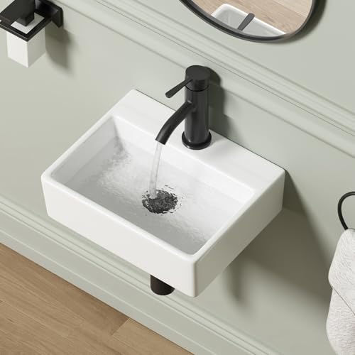 Wall Mounted Bathroom Vessel Sink, QISHKA 15" X 12" Rectangular Floating Ceramic Wash Hand Basin White Wall Hung Vanity Sink for Bathroom and Cloakroom - size: 15" x 12" x 4.7"