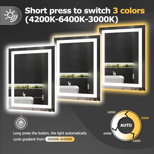Hivone 24"X30" LED Bathroom Mirror with Lights, Anti-Fog, Dimmable, Backlit + Front Lit, Smart Bathroom Vanity Mirror, Memory Function, Shatterproof, Tempered Glass (Horizontal/Vertical) - size: 24"L x 30"W