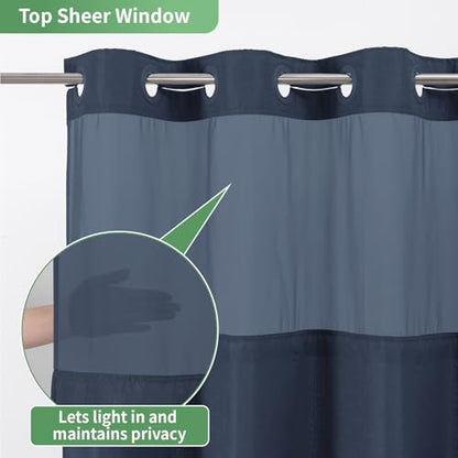 eachope No Hook Shower Curtain with Snap-in Fabric Liner Set,Slub Textured Fabric Shower Curtains for Bathroom,Hotel Style Modern Shower Curtain,Water Repellent & Washable,71x74(72),Navy Blue | Hotel Style Fabric with See-Through Top Window, Water Repelle