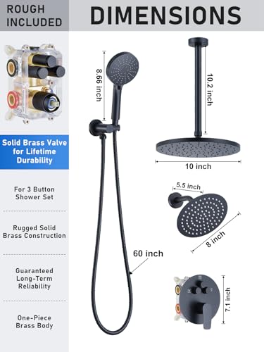 Woindo Shower Faucet Set 10" Rain Shower Head/8'' Side Shower Head and 3 Setting Handheld Ceiling Mount 3 Push Button Diverter Complete Rainfall Round Shower System Included Valve Trim Kit - color: Matte Black, style: 10"-R-Ceiling-02