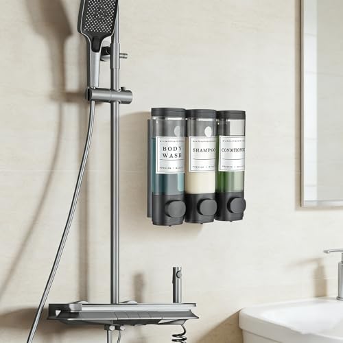 Shower Soap Dispenser Wall Mounted No Drill Shampoo Dispenser for Shower Wall Shampoo and Conditioner Dispenser Bathroom Hotel 3 * 300ml Black with Labels - color: Black 3