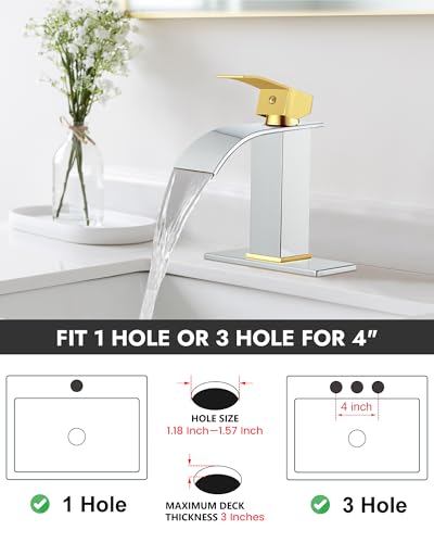 Midanya Waterfall Bathroom Faucet 1 Hole,Polish Gold Handle/Polish Chrome | with 24” Hoses,Pop Up Drain,6” Deck Plate,for 1 or 3 Hole Vanity,Lavatory,RV,Single Handle Bathroom Sink Faucet,NSF Certified - color: Bright Gold Handle/Chrome
