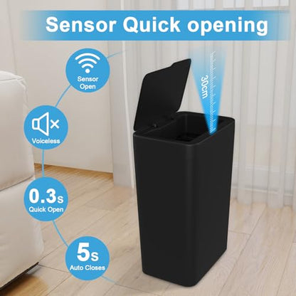 Naisu 2 Pack 4 Gal Bathroom Trash Can with Lid,Automatic Garbage Can with Touchless and Sealed Design,Slim Motion Sensor Waterproof Plastic Trash Bin Suitable for Bedrooms,Bathrooms,Kitchens,（Black） - color: Black
