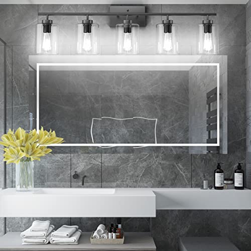 Aipsun 5 Lights Black Vanity Lights Fixtures Over Mirror with Clear Glass Shades Industrial Wall Light Fixture for Bathroom(Exclude Bulb) - size: 39.8 inch