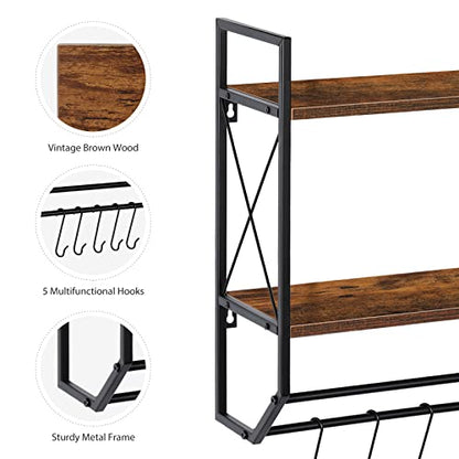 Bathroom Towel Rack 2 Tier Wall Shelf with Towel Bar, Rustic Towel Rack with Shelf for Wall Storage Shelves with Hooks Over Toilet Shelf Wall Mounted Towel Holder Shelf Floating Shelves for Home Brown