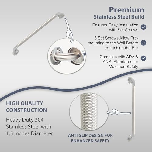 Grab Bar for Bathtub Shower - 1.5" Dia. / Stairs Bed Toilet Bathroom / Stand Assist & Safety Handrail / 304 Stainless Steel / Knurled Grip / 30" - color: Stainless Steel, size: 30 in. Knurled Grip