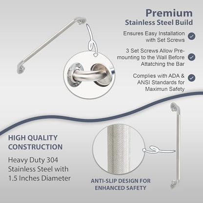 Grab Bar for Bathtub Shower - 1.5" Dia. / Stairs Bed Toilet Bathroom / Stand Assist & Safety Handrail / 304 Stainless Steel / Knurled Grip / 30" - color: Stainless Steel, size: 30 in. Knurled Grip