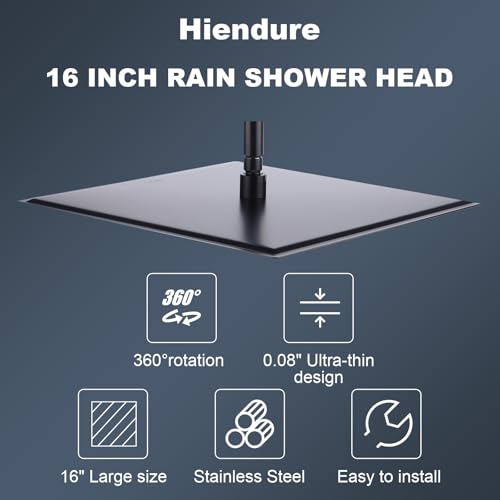 Shower Head,16 Inch Ultra Thin High Pressure Fixed Rain Showerhead Matte Black with Silicone Nozzle - Adjustable Metal Swivel Ball Joint - For the Best Relaxation and Spa