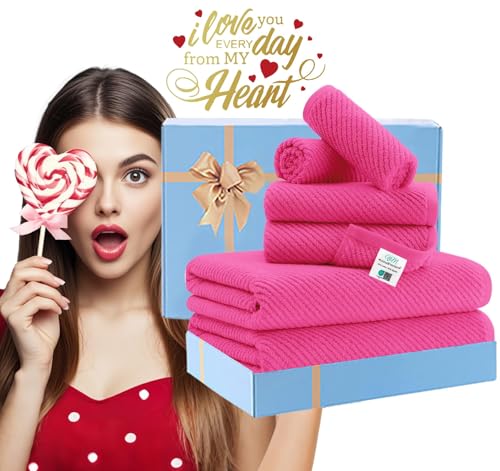 Hot Pink Towels - 100% Cotton, Soft, Quick Dry, Lightweight, Towel Set of 6, 2 Large Bath 30"x56", 2 Thick Hand 18"x28", 2 Absorb Washcloths 13"x13", Pink Bath Towel with Hanging Loop, Luxury Gift Set - color: Hot Pink, size: 6 PC Bathroom Towel Set
