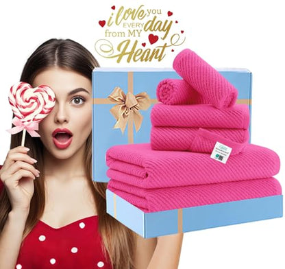 Hot Pink Towels - 100% Cotton, Soft, Quick Dry, Lightweight, Towel Set of 6, 2 Large Bath 30"x56", 2 Thick Hand 18"x28", 2 Absorb Washcloths 13"x13", Pink Bath Towel with Hanging Loop, Luxury Gift Set - color: Hot Pink, size: 6 PC Bathroom Towel Set