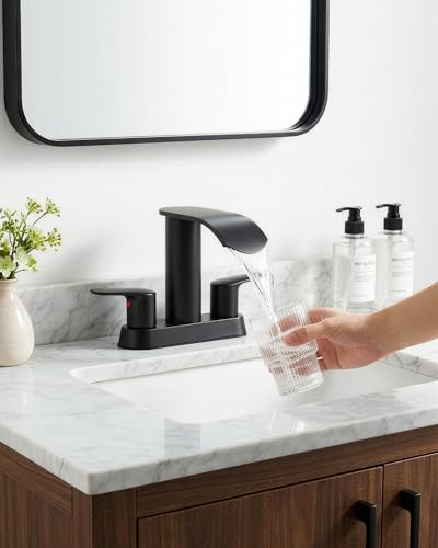 WOWOW Waterfall 4" Centerset 2-Handle Black Vanity Bathroom Faucet 3-Hole - color: Black