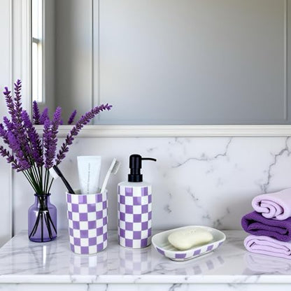 Tooth Brush Holder for Bathroom, Countertop Toothbrush Holders for Bathrooms, Modern Cute Lavender Purple and White Bath Room Cups, Ceramic Toothbrush and Toothpaste Dispenser - color: Lavender Purple