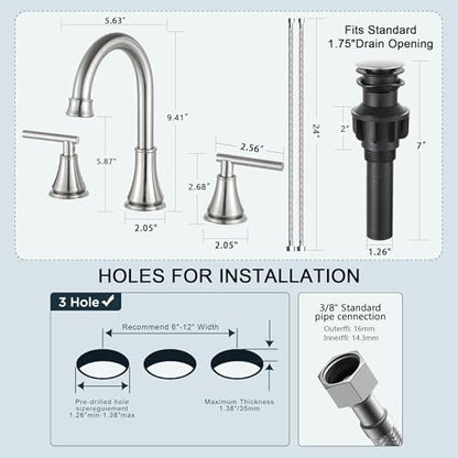 COMLLEN Brushed Nickel Bathroom Faucet 3 Hole Vanity,360 Degree Rotating Spout, 2 Handle 360° Swivel Brushed Nickel 8 Inch Widespread Bathroom Sink Faucet 3 Holes, with Pop-up Drain, Supply Lines - color: Brushed Nickel