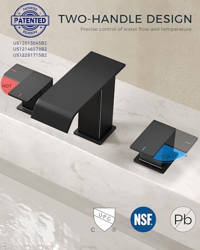 FORIOUS Bathroom Faucet 3 Hole 8" Widespread Sink Faucets Matte Black | 3-hole 4-12 Inch Widespread Sink, Square Waterfall Spout, with Drain and Hoses,for Vanity Rv Commercial Lavatory Restroom - color: Matte Black