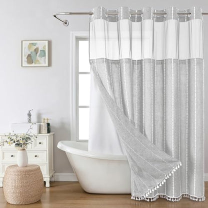 eachope No Hook Extra Long Shower Curtain Set with Snap-in Liner,Linen Textured Thick Striped Fabric with Tassels,Boho Chic Modern Farmhouse Bathroom Curtain,Water-Repellent,Grey/Gray,71x86 | 230GSM Thick Fabric,Hotel Luxury Decor,Mesh Top Window,Magnetic