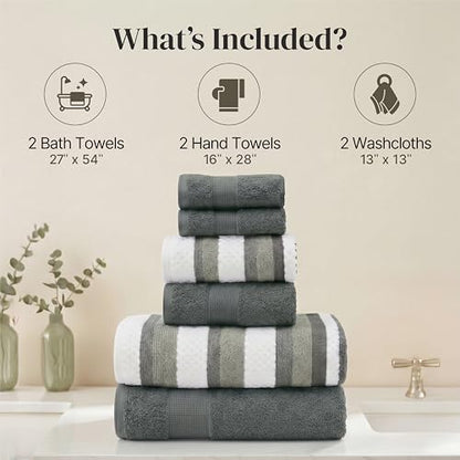Modern Threads Pax 6-Piece Reversible Yarn Dyed Jacquard Towel Set - Bath Towels, Hand Towels, & Washcloths - Super Absorbent & Quick Dry - 100% Combed Cotton, Ivy - color: Green, style: Wide Stripe