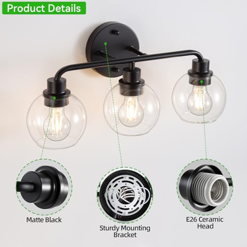 Bathroom Light Fixtures Black Vanity Light, 3 Light Modern Wall Sconces Lighting Bathroom Lights with Globe Clear Glass Shades, Bath Wall Lights Wall Lamp for Mirror Kitchen Living Room Hallway | Wall Sconces Lighting with Globe Clear Glass Shades, Bath W