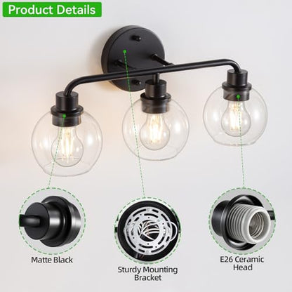 Bathroom Light Fixtures Black Vanity Light, 3 Light Modern Wall Sconces Lighting Bathroom Lights with Globe Clear Glass Shades, Bath Wall Lights Wall Lamp for Mirror Kitchen Living Room Hallway | Wall Sconces Lighting with Globe Clear Glass Shades, Bath W
