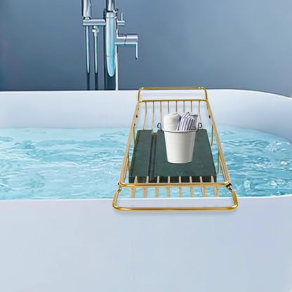 Expandable Bathtub Tray, Stainless Steel Bath Tub Caddy with Marble Base, Adjustable Over Tub Rack with Phone Tablet Holder, Bathtub Organizer (Gold) - color: Gold
