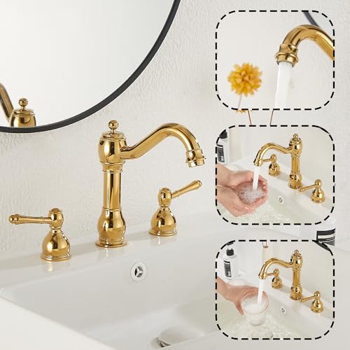 2 Handles 3 Holes Faucet Widespread Bathroom Sink Faucet Basin Tap Mixer Supply Hose Included Matching Pop Up Drain Polished Gold - color: Polished Gold, size: Widespread