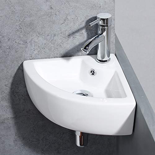 Wall Mounted Corner Bathroom Sink Triangle Bathroom Basin 12.8 x 12.8 x 5.1inch/325 x 325 x 130mm | Glossy ceramic glaze; stain resistant; quick draining bowl; measure wall space pre-order; fits powder room & RV - style: only sink
