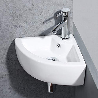 Wall Mounted Corner Bathroom Sink Triangle Bathroom Basin 12.8 x 12.8 x 5.1inch/325 x 325 x 130mm | Glossy ceramic glaze; stain resistant; quick draining bowl; measure wall space pre-order; fits powder room & RV - style: only sink