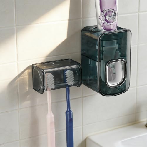 Toothbrush Holder Wall Mounted with Cover for Bathroom, 2 Slots Toothbrush Storage Organizer for Shower, Self Adhesive Toothbrush Hanger with Automatic Toothpaste Squeezer Dispenser - color: Grey Clear, size: Combination A: 1PACK