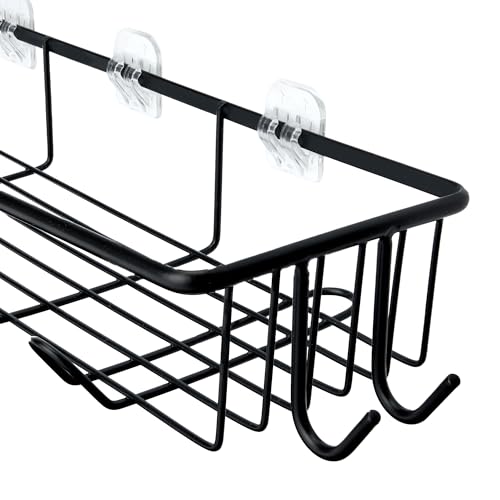 Amazon Basics Shower Shelves Organizer，5-Piece Stainless Steel Caddy Set with Soap Holder and Brush Holder, Adhesive Mount, Black | Pack of 5 Adhesive - size: Set of 5