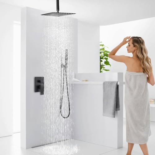 12 Inch Matte Black Ceiling Mount Shower System Bathroom Luxury Rain Mixer Shower Combo Set Ceiling Rainfall Shower Head System Faucet Contain Rough-in Valve and Trim Included - color: Matte Black, size: 12 Inch
