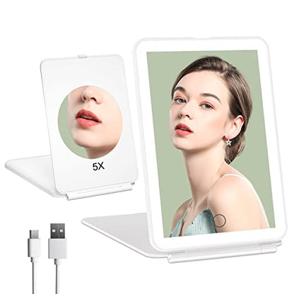 FUNTOUCH Rechargeable Portable Makeup Mirror with 72 LED Lights 1X/5X | Travel Lighted 1X/5X Magnification, 3 Color Lighting,Dimmable Touch Screen, Tabletop Folding Cosmetic Lights - color: Bright White