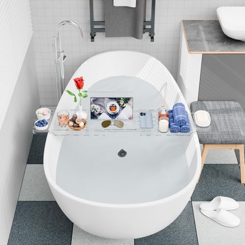 Luxury Clear Bathtub Shelf Across Tub,Expandable Plastic Bathtub Tray Over The Tub Bath Caddy,Free Standing Bath Table Board & Accessories for Women Relaxing with Reading Book and Ipad Holder