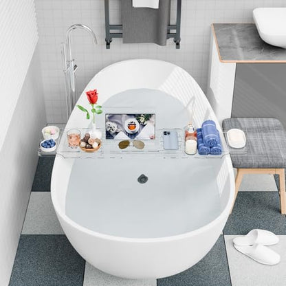 Luxury Clear Bathtub Shelf Across Tub,Expandable Plastic Bathtub Tray Over The Tub Bath Caddy,Free Standing Bath Table Board & Accessories for Women Relaxing with Reading Book and Ipad Holder