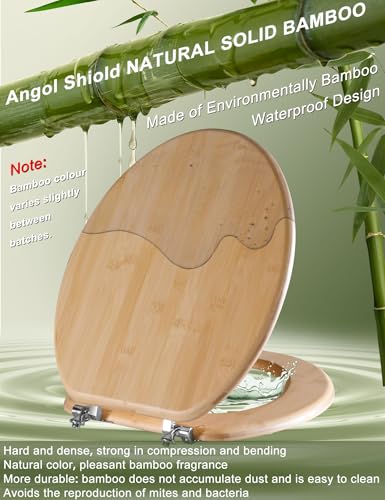 Angol Shiold ELONGATED Bamboo Wood Toilet Seat 18.5Inch | Easy to Install also Easy to Clean, Up to 400 lbs (Elongated 18.5", Natural Bamboo) - color: Non Soft-close, size: Elongated -18.5"