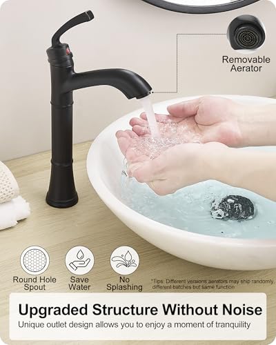 Brass Vessel Sink Faucet Black Single Handle, Tall Bathroom Faucets for Vessel Sinks 1 Hole with Pop-Up Drain, Pre-Installed Hoses, Removable Aerator - color: Matte Black