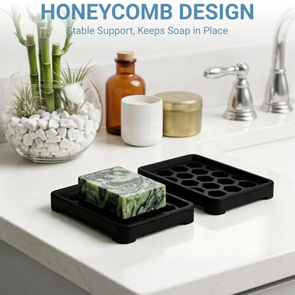 Honeycomb Silicone Soap Dish, Self Draining Soap Holder with Raised Grid Design, Non Slip Soap Saver Tray, Quick Dry Soap Dish for Bathroom Kitchen Sink Shower, Black & Black - color: Black