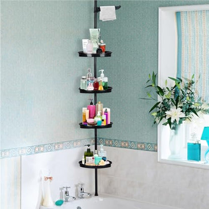Corner Shower Caddy Tension Pole, 101.6''-122'', 4 Tier Shower Shelf, Rust Proof No Drilling Bathroom Organizer with Adjustable Trays, Plastic Bathtub Shelves Shamboo Holder, Black