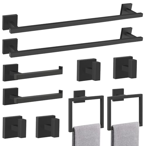 TQKAG Matte Black Bathroom Hardware Accessories Set 10 Pieces, 23.6" SUS304 Stainless Steel Towel Bar Set Wall Mounted Includes Single Towel Bar, Towel Ring, Toilet Paper Holder, Double Towel Hooks - color: Matte Black, size: 10-Pieces Set