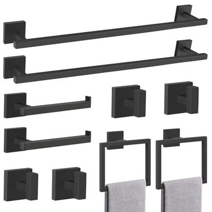 TQKAG Matte Black Bathroom Hardware Accessories Set 10 Pieces, 23.6" SUS304 Stainless Steel Towel Bar Set Wall Mounted Includes Single Towel Bar, Towel Ring, Toilet Paper Holder, Double Towel Hooks - color: Matte Black, size: 10-Pieces Set