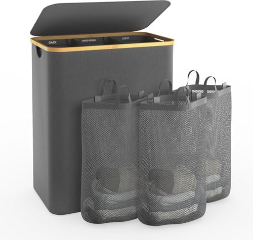 Hampers for Laundry Basket with Lid, 160L Large Laundry Hamper 3 Section | Dirty Clothes Hamper Separator with 3 Removable Bags & 5 Labels, Divided Laundry Organizer for Bedroom, Laundry Room, Gray - color: Dark Grey, size: 160L