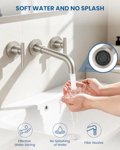 Airuida Wall Mounted Bathroom Sink Faucet,Brushed Nickel Vanity Sink Faucet | Lever Handle,3 Holes,360° Widespread Swivel Spout,Rotatable Bathroom Faucet - color: Brushed Nickel