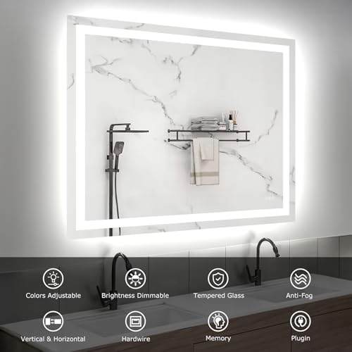 Hivone 48"X40" LED Bathroom Mirror with Lights, Anti-Fog, Dimmable, Backlit + Front Lit, Smart Bathroom Vanity Mirror, Memory Function, Shatterproof, Tempered Glass (Horizontal/Vertical) - size: 48"L x 40"W