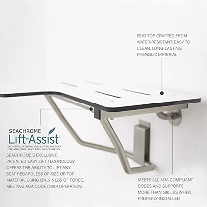 Seachrome 26" x 22.5" Lift-Assist ADA L-Shaped Reversible Bathroom Shower Bath Transfer Seat, Folding Wall-Mounted White Phenolic Seat - color: White, size: 26 x 22.5
