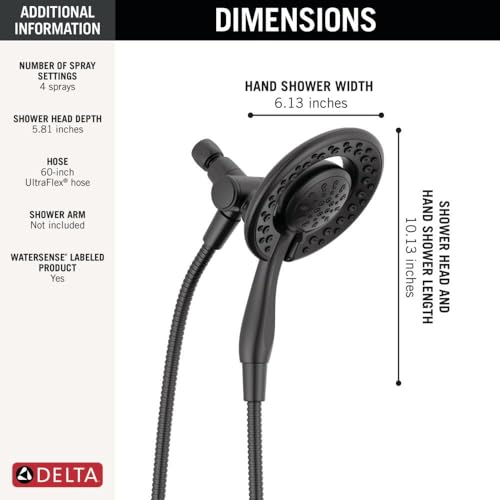 Delta 4-Setting In2ition 2-in-1 Dual Shower Head with HandHeld Spray, Matte Black Detachable Shower Head with Hose, Showerhead, 1.75 GPM Flow Rate, Matte Black 75486CBL - color: Matte Black