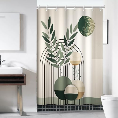 Mid Century Sage Green Shower Curtain for Bathroom 60x72 Inch | Waterproof Abstract Green and Beige Shower Curtain Set with Hooks, Mid Century Bathroom Decor - color: Abstract 041, size: 60"W x 72"L (Pack of 1)