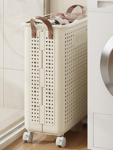 Slim Rolling Laundry Basket with Wheels Plastic Foldable Dirty Clothes Hamper Large Capacity Breathable Mesh Laundry Bin with Leather Handles for Narrow Space Bathroom White M