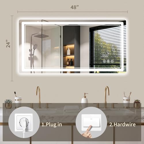 24"x48" LED Bathroom Mirror with Lights, Backlit + Front Lit, Anti-Fog, Lighted Bathroom Mirror for Wall, HD Shatterproof Tempered Glass, Dimmable, Memory Function (Horizontal/Vertical) - size: 48"L x 24"W