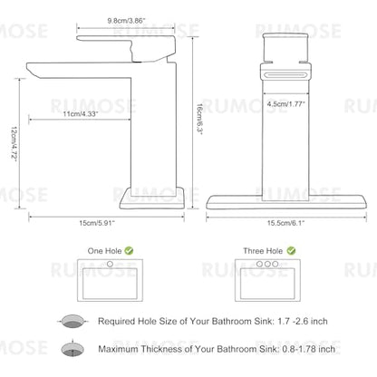RUMOSE Bathroom Faucets 1 & 3 Hole Vanity Faucet with Drain Brushed Gold | Single Handle Bathroom Sink Faucet Set Waterfall Spout Kit with Deck Plate Rv Lavatory Basin Faucet, Stainless Steel - color: Brushed Gold