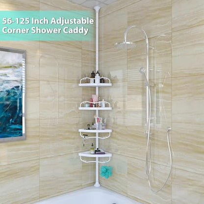 Shower Caddy Tension Pole with 4 ABS Baskets,Shower Storage Shelf with 56 to 125 Inch Adjustable Stainless Pole for Bathroom White - color: White