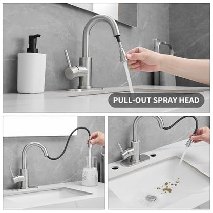 Brushed Bathroom Sink Faucet with Pull Out Sprayer for 1 Hole,Bar Sink with Pop-Up Drain,Single Handle Small Kitchen Faucet with 4 in Deck Plate,360°Swivel Faucet for Farmhouse Vanity - color: Brushed Nickel, style: Pull out-R