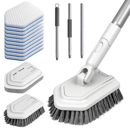 Tile Tub Scrubber Brush with Different Function Cleaning Heads and No Scratch Shower Scrubber for Bathroom Toilet Wall,Bathtub,Sink, and 10 Pack Magic Sponges Eraser(Gray) - color: Gray
